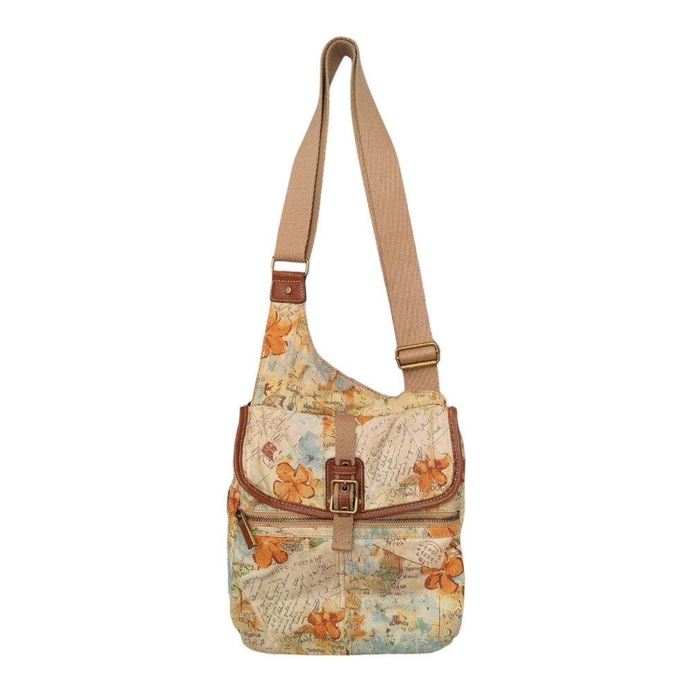 Fossil Floral & Map Print Crossbody in Beige and Orange